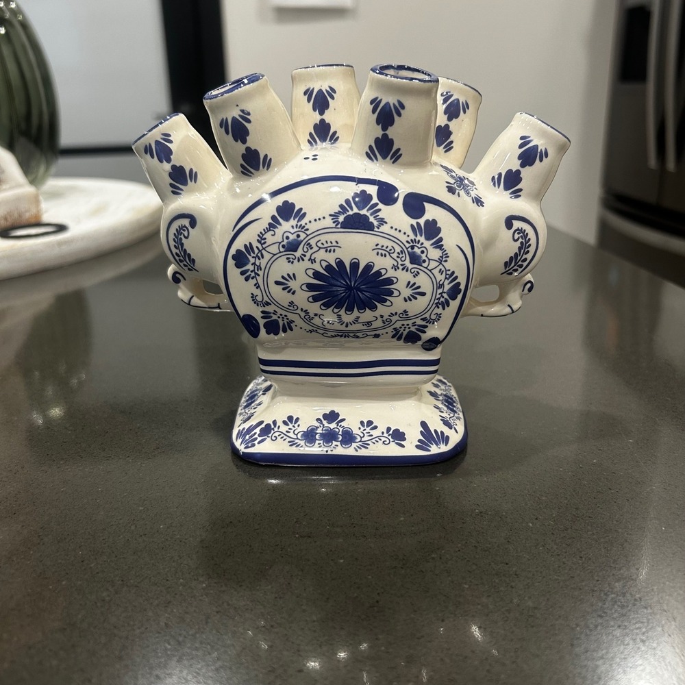 Delft Blue Style Ceramic Tulipiere 7 Finger Vase Floral Chinoiserie Decor